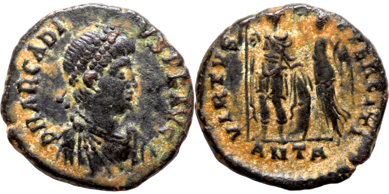 Arcadius, AD 383-408, Roman Imperial Coin, AE3, The obverse shows a bust of Empe...