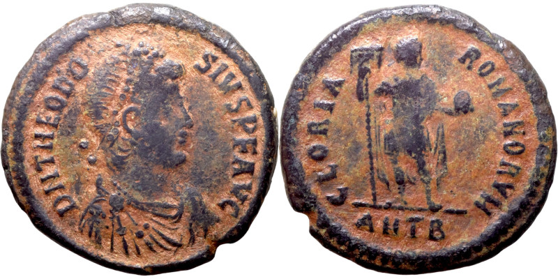 Theodosius I (379-395) AE Obv: D THEODOSIVS P F AVG, diademed, draped, and cuira...