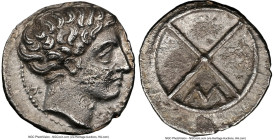 GAUL. Massalia. Ca. 410-380 BC. AR obol (10mm, 4h). NGC Choice XF. MAΣΣAΛI, head of Apollo right / Wheel with four spokes; M in one quarter. Chevillon...