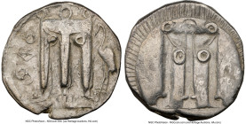 BRUTTIUM. Croton. Ca. 480-430 BC. AR stater (21mm, 11h). NGC VF. ϘPO, tripod with leonine feet, heron standing left in right field; dotted border on t...