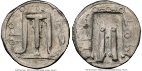 BRUTTIUM. Croton. Ca. 480-430 BC. AR stater (22mm, 1h). NGC Choice Fine. ϘPO, tripod with leonine feet on thick dotted exergual line; heron standing l...