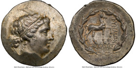 AEOLIS. Cyme. Ca. 165-155 BC. AR tetradrachm (30mm, 16.48 gm, 12h). NGC Choice XF 4/5 - 5/5. Callias, magistrate. Head of the Amazon Cyme right, hair ...