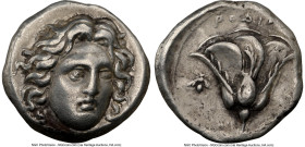CARIAN ISLANDS. Rhodes. Ca. 305-275 BC. AR didrachm (19mm, 12h). NGC VF. Head of Helios facing, turned slightly right, hair parted in center and swept...