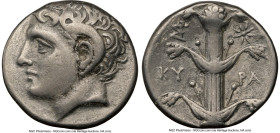 CYRENAICA. Cyrene. Ca. 308-277 BC. AR didrachm (21mm, 7.44 gm, 12h). NGC Choice Fine 5/5 - 3/5. Bare head of Apollo-Carneius left, with horn of Ammon ...