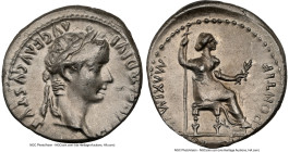 Tiberius (AD 14-37). AR denarius (18mm, 3.82 gm, 5h). NGC XF 3/5 - 4/5. Lugdunum, ca. AD 14-17. TI CAESAR DIVI-AVG F AVGVSTVS, laureate head of Tiberi...