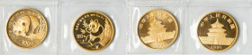 People's Republic Pair of Uncertified gold "Panda" 100 Yuan (1 oz) UNC, 1) 100 Yuan 1987-(s), KM166 2) 100 Yuan 1991, KM350 Mint sealed packaging. HID...