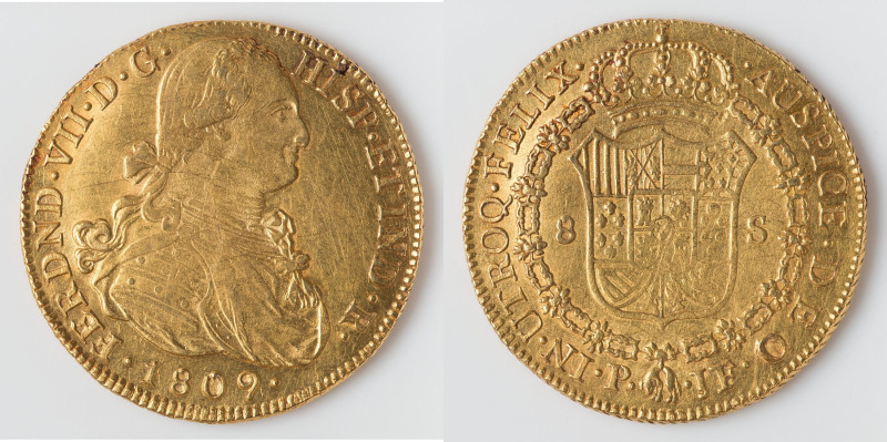 Ferdinand VII gold 8 Escudos 1809 P-JF AU, Popayan mint, KM66.2, Cal-1807. 36.4m...