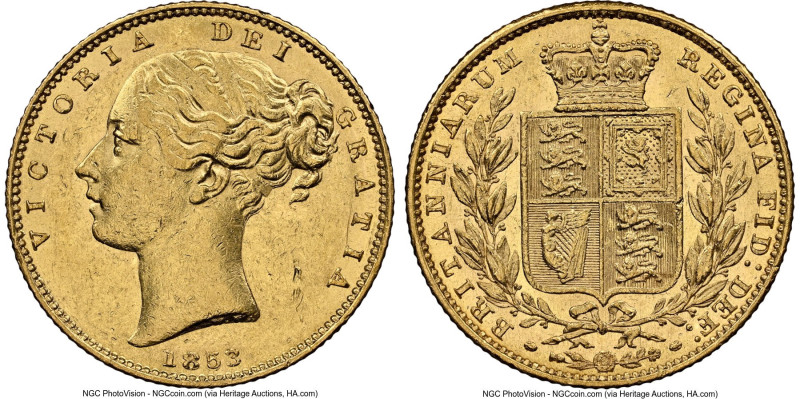 Victoria gold Sovereign 1853 AU55 NGC, KM736.1, S-3852C. Without die number. W.W...