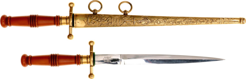 The fittings are brass with gilding. The handle is plastic. Brass scabbard with ...