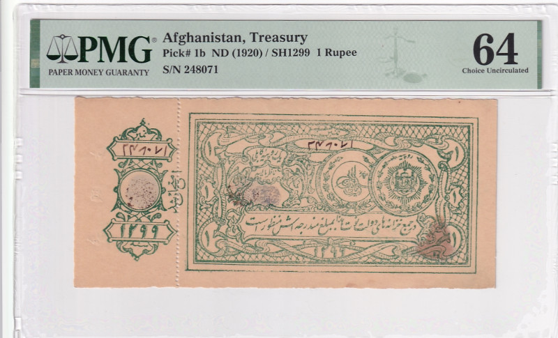 Afghanistan, 1 Rupee, 1920, UNC, p1b

PMG 64

Estimate: USD 150-300