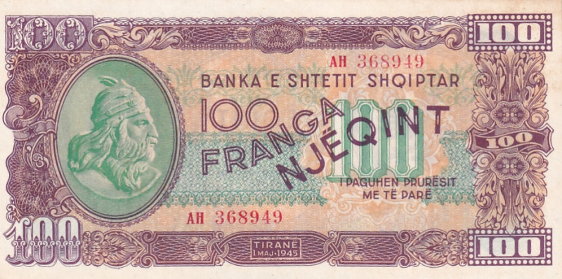 Albania, 100 Franga, 1945, UNC, p17

Light handling

Estimate: USD 30-60