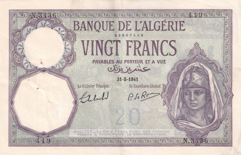 Algeria, 20 Francs, 1941, XF(-), p78c

Light handling, There are pinholes and ...