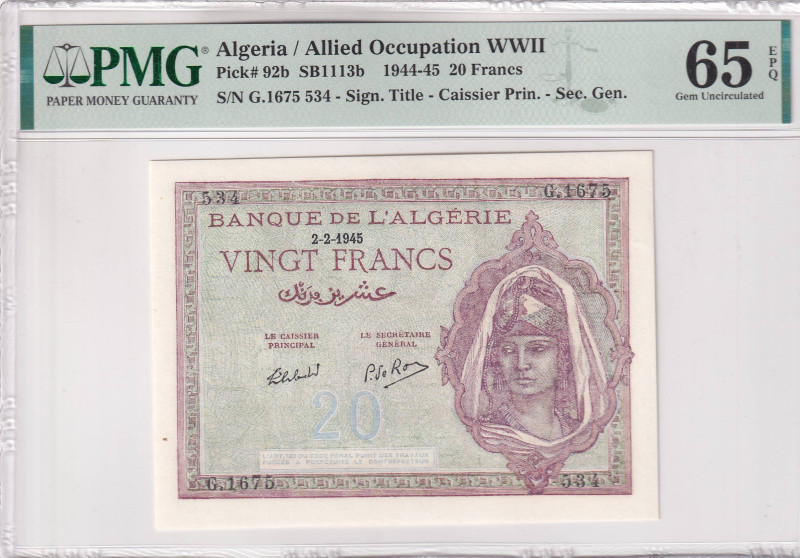 Algeria, 20 Francs, 1944/1945, UNC, p92b

PMG 65 EPQ

Estimate: USD 75-150