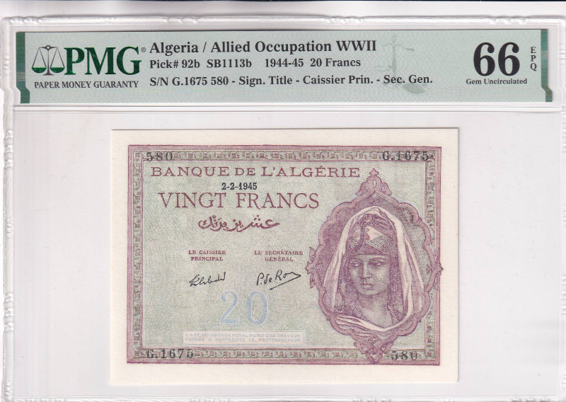 Algeria, 20 Francs, 1944/1945, UNC, p92b

PMG 66 EPQ

Estimate: USD 75-150