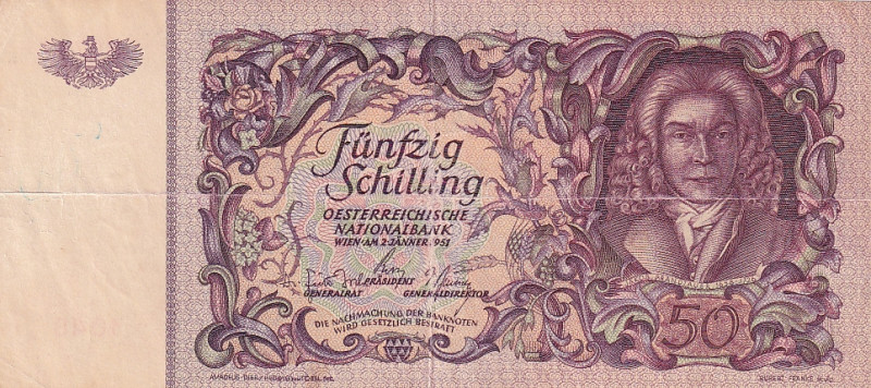 Austria, 50 Shillings, 1951, VF, p130

Stained, Split

Estimate: USD 20-40