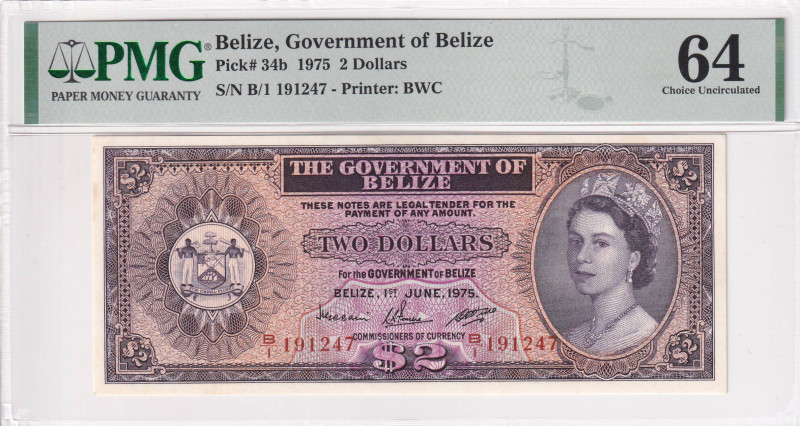Belize, 2 Dollars, 1975, UNC, p34b

PMG 64, Queen Elizabeth II Portrait

Est...