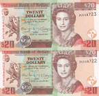 Belize, 20 Dollars, 1990, UNC, p55, (Total 2 consecutive banknotes)