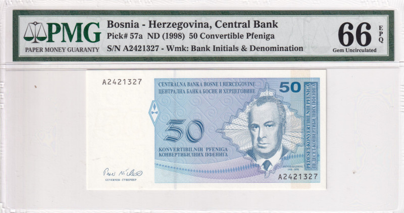 Bosnia - Herzegovina, 50 Convertible Pfeniga, 1998, UNC, p57a

PMG 66 EPQ

E...