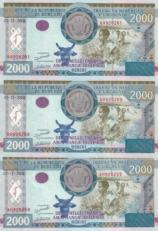 Burundi, 2.000 Francs, 2008, UNC, p47, (Total 3 consecutive banknotes)

Estima...