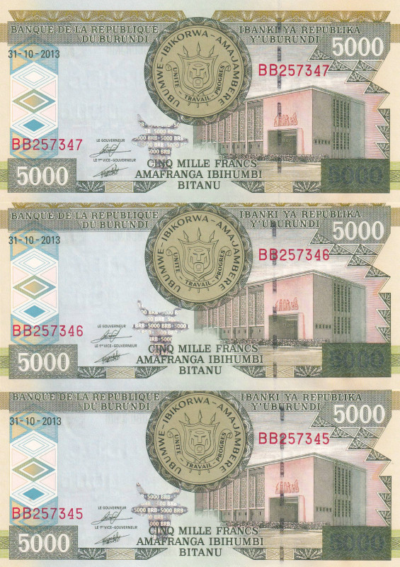 Burundi, 5.000 Francs, 2013, UNC, p48, (Total 3 consecutive banknotes)

Estima...