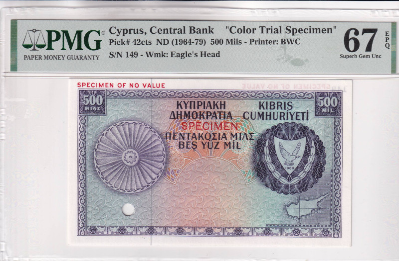 Cyprus, 500 Mils, 1964/1979, UNC, p42cts, SPECIMEN

PMG 67 EPQ, High condition...