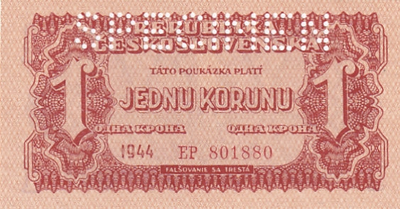 Czechoslovakia, 1 Korona, 1944, UNC, p45s, SPECIMEN

Estimate: USD 25-50