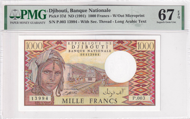 Djibouti, 1.000 Francs, 1991, UNC, p37d

PMG 67 EPQ, High condition 

Estima...