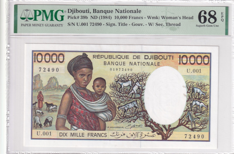 Djibouti, 10.000 Francs, 1984, UNC, p39b

PMG 68 EPQ, High Condition 

Estim...