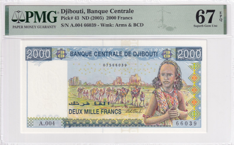 Djibouti, 2.000 Francs, 2005, UNC, p43

PMG 67 EPQ, High condition 

Estimat...