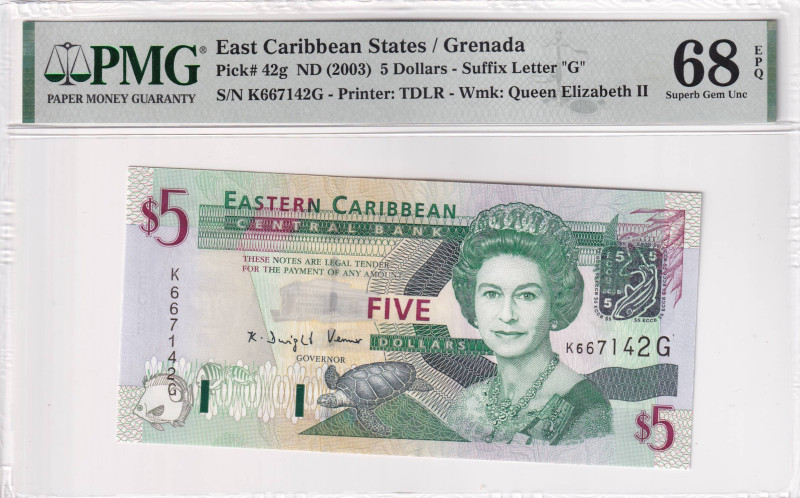 East Caribbean States, 5 Dollars, 2003, UNC, p42g

PMG 68 EPQ, High Condition ...