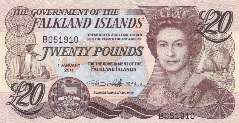 Falkland Islands, 20 Pounds, 2011, UNC, p19

Queen Elizabeth II Portrait

Es...