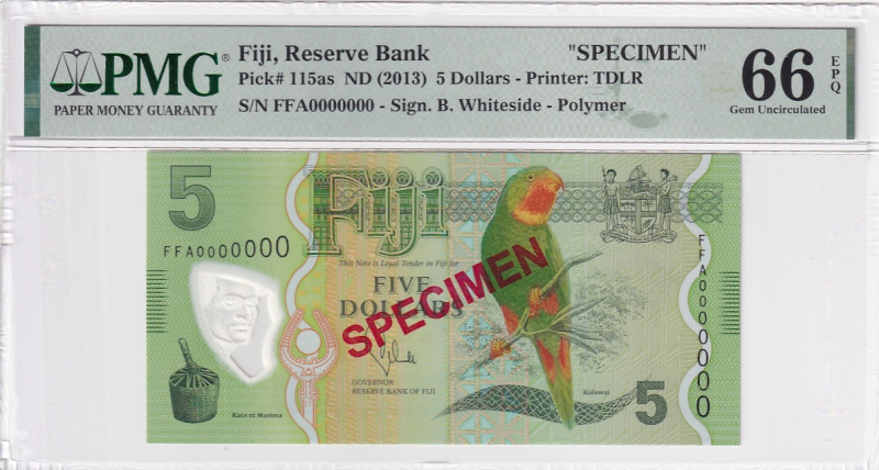 Fiji, 5 Dollars, 2013, UNC, p115as, SPECIMEN

PMG 66 EPQ, Polymer

Estimate:...