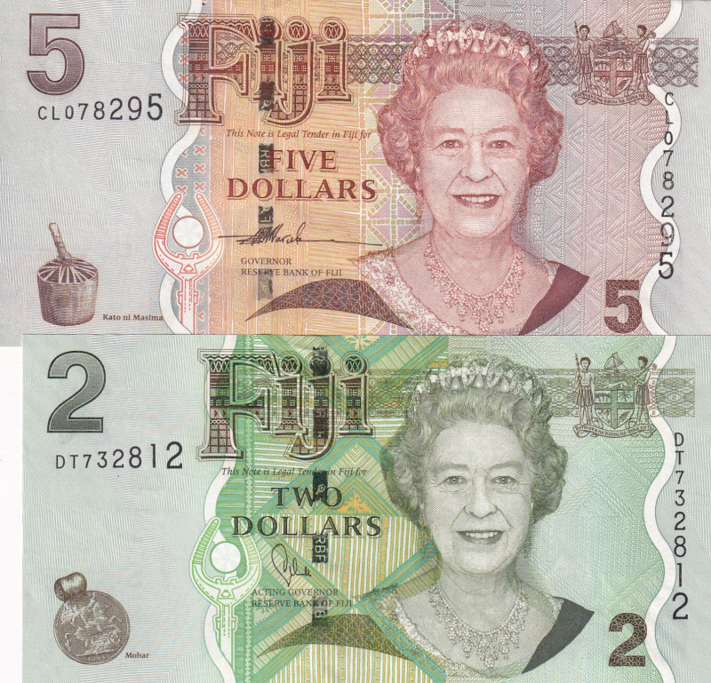 Fiji, 2-5 Dollars, 2007/2011, UNC, p109b; p110a, (Total 2 banknotes)

Queen El...