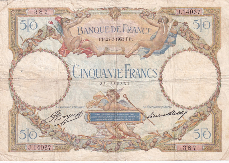 France, 50 Francs, 1933, VF(-), p80

There are stains and tears, There are pin...