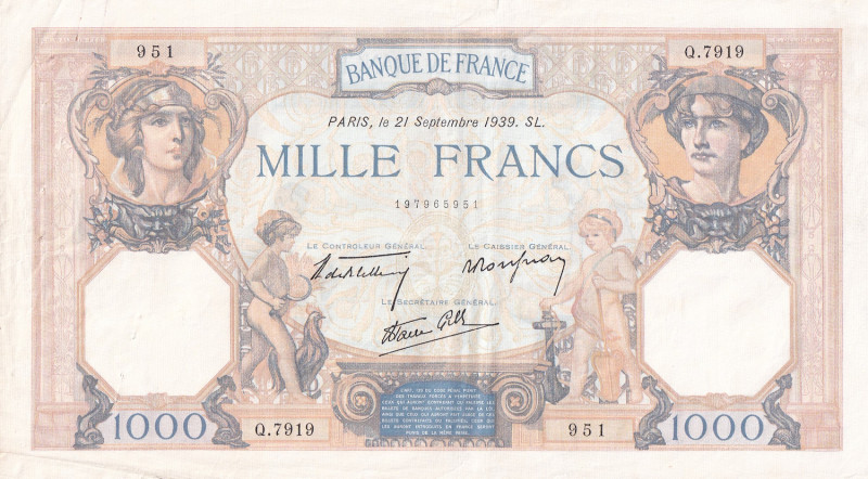 France, 1.000 Francs, 1939, VF, p90c

There are a lot of pinholes.

Estimate...