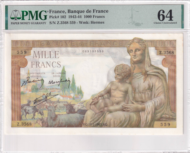 France, 1.000 Francs, 1942/1944, UNC, p102

PMG 64

Estimate: USD 150-300