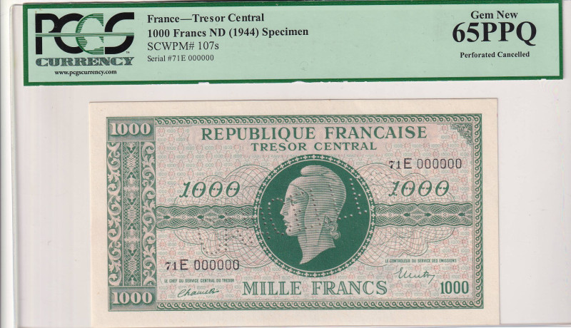 France, 1.000 Francs, 1944, UNC, p107s, SPECIMEN

PCGS 65 PPQ

Estimate: USD...