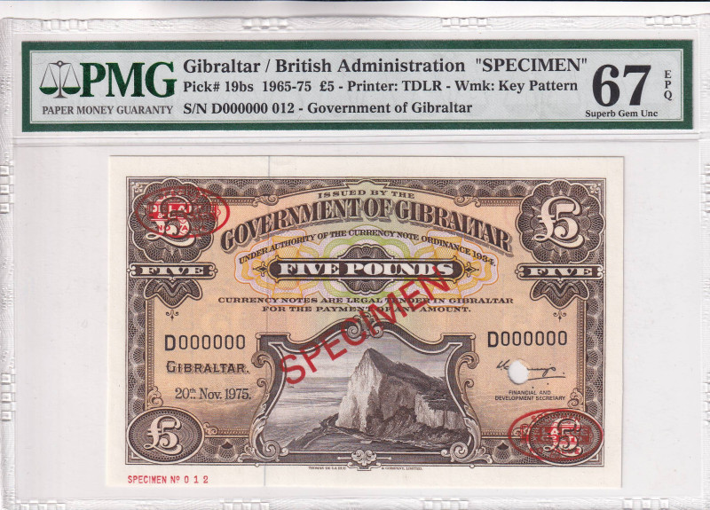 Gibraltar, 5 Pounds, 1965/1975, UNC, p19bs, SPECIMEN

PMG 67 EPQ, High conditi...