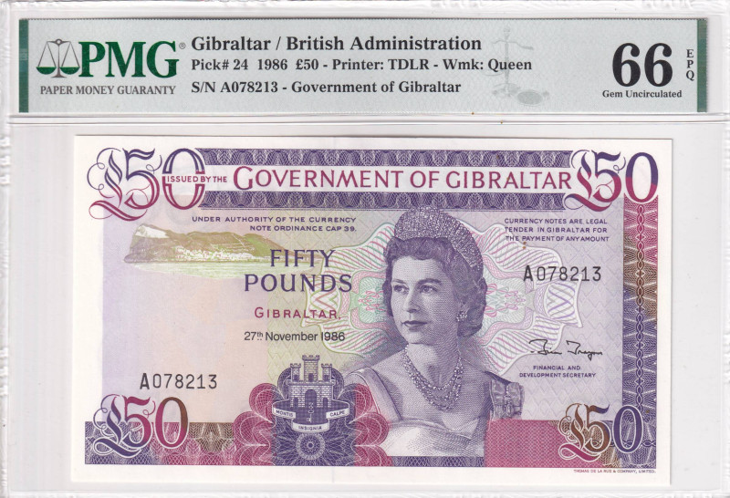 Gibraltar, 50 Pounds, 1986, UNC, p24

PMG 66 EPQ, Queen Elizabeth II Portrait...