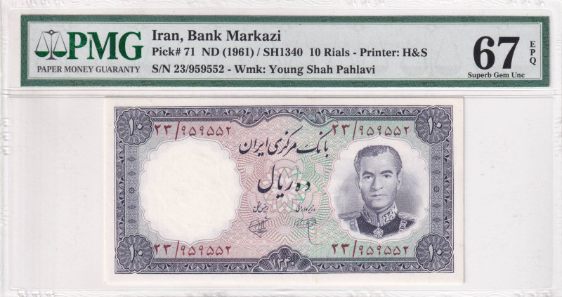 Iran, 10 Rials, 1961, UNC, p71

PMG 67 EPQ, High condition 

Estimate: USD 7...