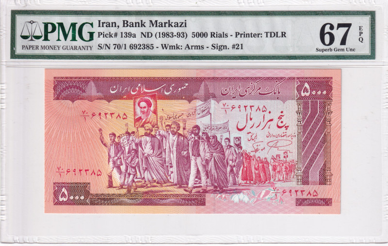 Iran, 5.000 Rials, 1983/1993, UNC, p139a

PMG 67 EPQ, High condition 

Estim...