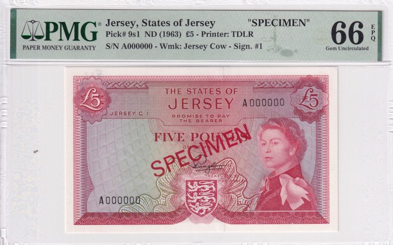 Jersey, 5 Pounds, 1963, UNC, p9s1, SPECIMEN

PMG 66 EPQ, Queen Elizabeth II. P...