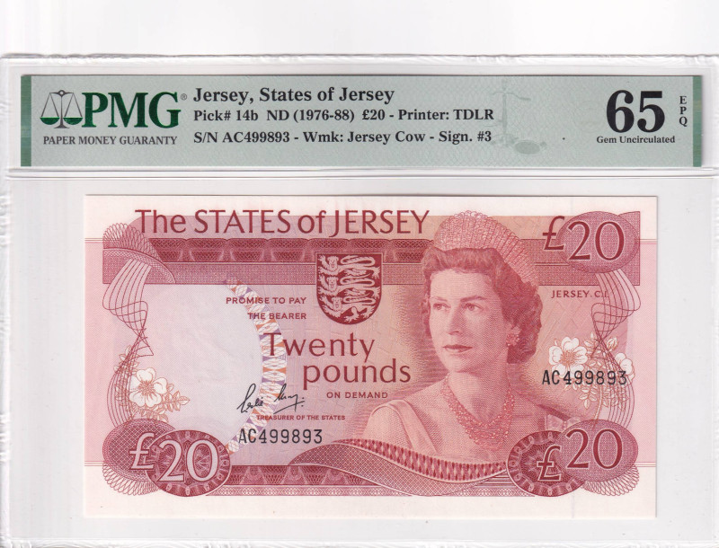 Jersey, 20 Pounds, 1976/1988, UNC, p14b

PMG 65 EPQ, Queen Elizabeth II. Potra...