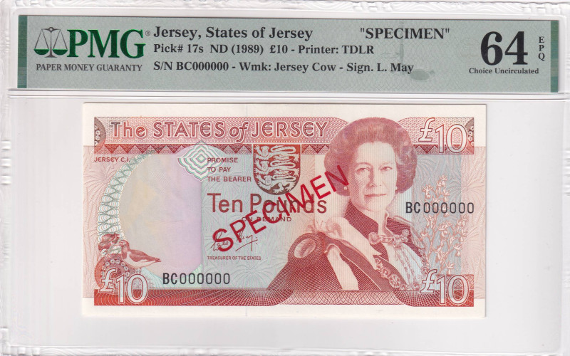 Jersey, 10 Pounds, 1989, UNC, p17s, SPECIMEN

PMG 64 EPQ, Queen Elizabeth II P...