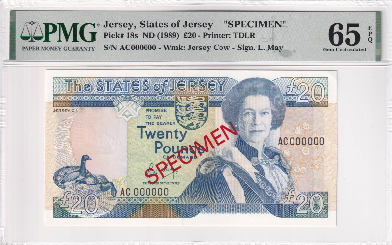 Jersey, 20 Dollars, 1989, UNC, p18s, SPECIMEN

PMG 65 EPQ, Queen Elizabeth II....