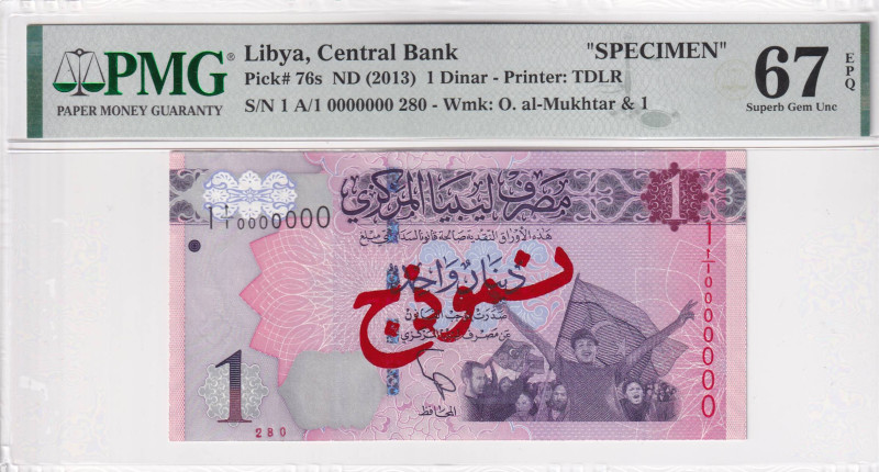 Libya, 1 Dinar, 2013, UNC, p76s, SPECIMEN

PMG 67 EPQ, High condition 

Esti...