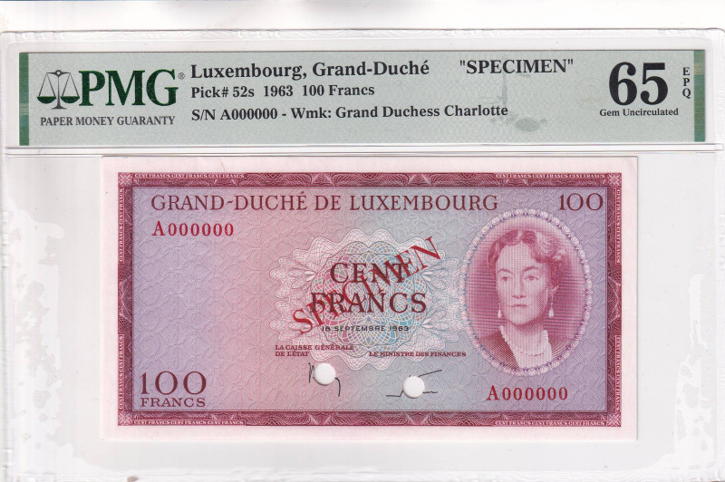 Luxembourg, 100 Francs, 1963, UNC, p52s, SPECIMEN

PMG 65 EPQ

Estimate: USD...