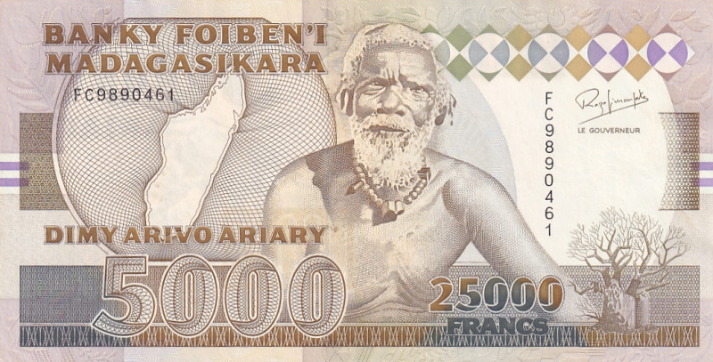 Madagascar, 25.000 Francs=5.000 Ariary, 1193, AUNC, p74A

Estimate: USD 50-100