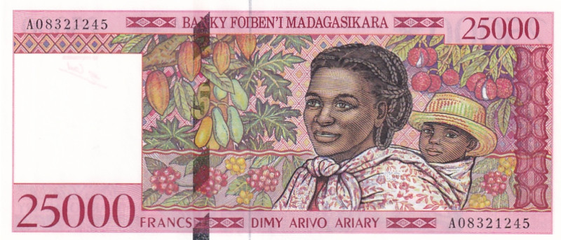 Madagascar, 25.000 Francs=5.000 Ariary, 1998, UNC, p82

Estimate: USD 20-40
