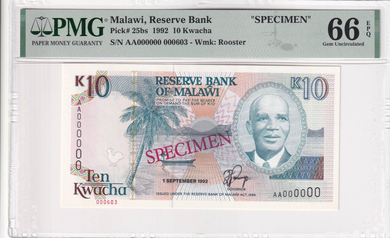 Malawi, 10 Kwacha, 1992, UNC, p25bs, SPECIMEN

PMG 66 EPQ

Estimate: USD 150...